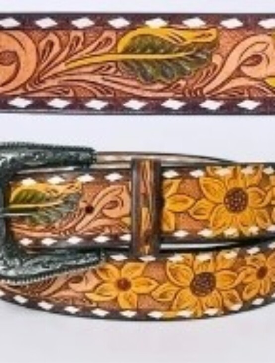 American Darling Accessories - Hand-Tooled Brown Leather Floral Sunflower Men's Belt